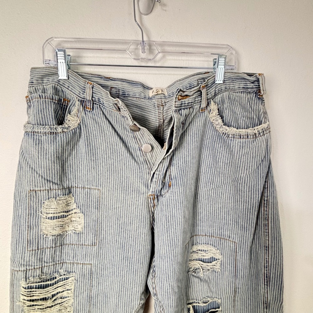 POL Hickory Stripe Distressed Patchwork Wide Leg Relaxed Grunge Denim Pants M - Picture 2 of 11